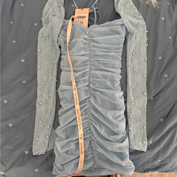 Oh Polly Light Blue Mini Dress with Sheer Sleeves - Picture 4 of 6